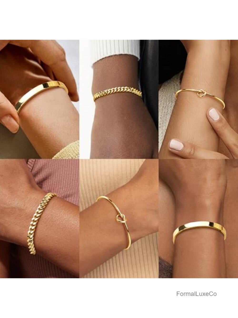 Dainty 14K Gold Cuban Forever Love Knot Bangle Cuff Bracelet Set - Picture 4 of 6
